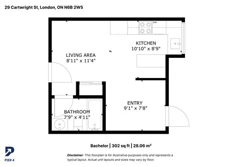 Floor plan for studio, 1 bath